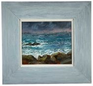 ‡ ROBERT JONES (Cornish, b. 1943) oil on card - entitled verso 'Sea and rocks St Agness, Isle of