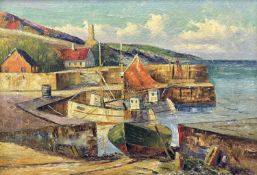 CORNISH SCHOOL oil on canvas - fishing boats in harbour, indistinctly signed lower right, 65 x