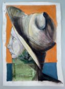‡ PETER W NICHOLAS (Welsh, 1934-2015) watercolour - 'Hat Man', profile of a head on a square