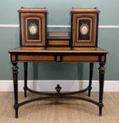 LATE VICTORIAN EBONISED WALNUT & AMBOYNA WRITING DESK, superstructure with 3/4 brass gallery above