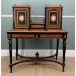 LATE VICTORIAN EBONISED WALNUT & AMBOYNA WRITING DESK, superstructure with 3/4 brass gallery above