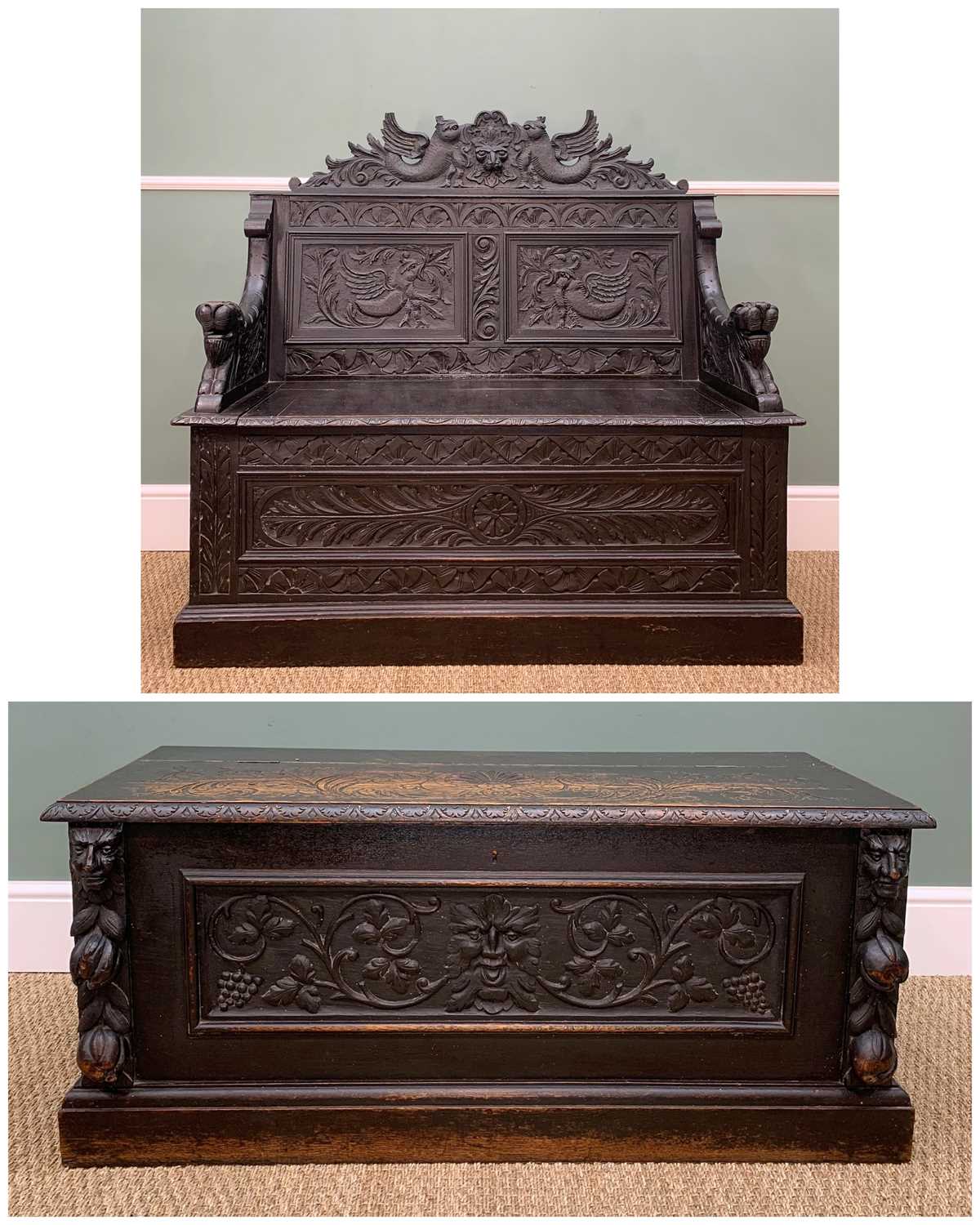 STAINED OAK BOX SETTLE, carved in the Renaissance revival style with Griffin and mask panelled back,