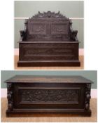 STAINED OAK BOX SETTLE, carved in the Renaissance revival style with Griffin and mask panelled back,