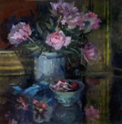 ‡ JANE CORSELLIS oil on canvas - still life of flowers in a vase on a table with small bowl,