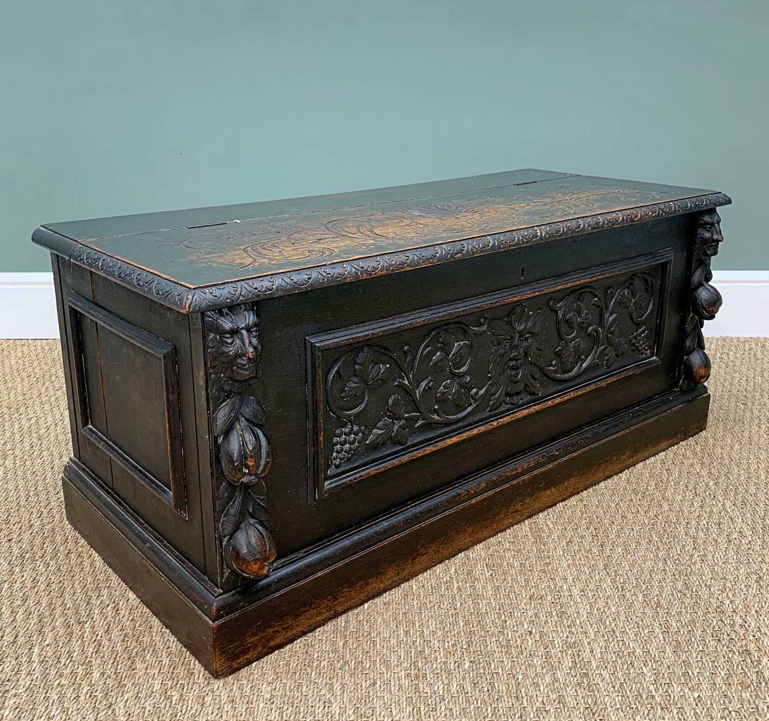 STAINED OAK BOX SETTLE, carved in the Renaissance revival style with Griffin and mask panelled back, - Image 8 of 13