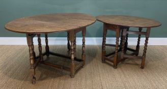 TWO ANTIQUE STYLE OAK GATELEG TABLES, with drop-flap oval tops, one with barley-twist legs, the