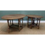 TWO ANTIQUE STYLE OAK GATELEG TABLES, with drop-flap oval tops, one with barley-twist legs, the