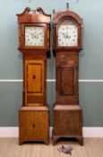 TWO 19TH CENTURY 8-DAY LONGCASE CLOCKS, one with hunting scene painted in the breakarch and