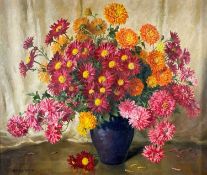 ‡ LESLIE S G HARRIES (British, 1900-1975) oil on canvas - still life of dahlias and chrysanthemums