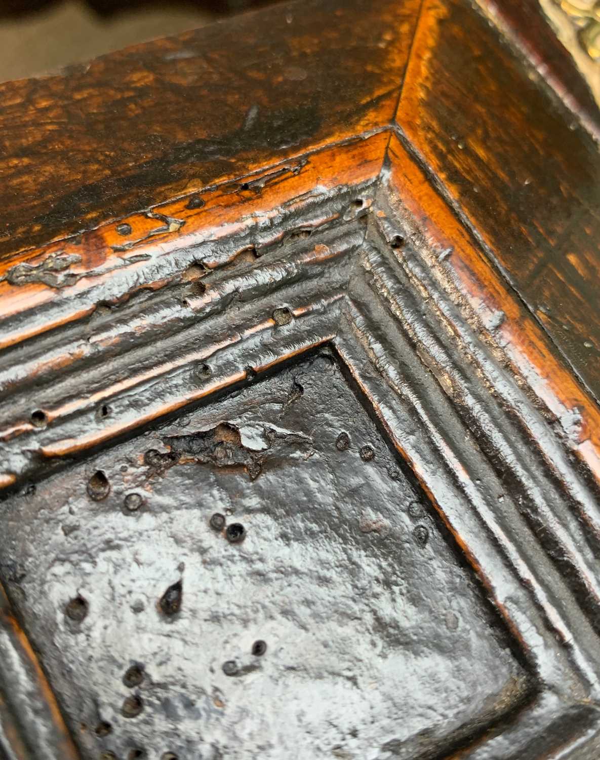 17TH CENTURY OAK GEOMETRIC FRONTED TWO PART CHEST ON STAND, fitted three graduated long drawers on a - Image 11 of 18