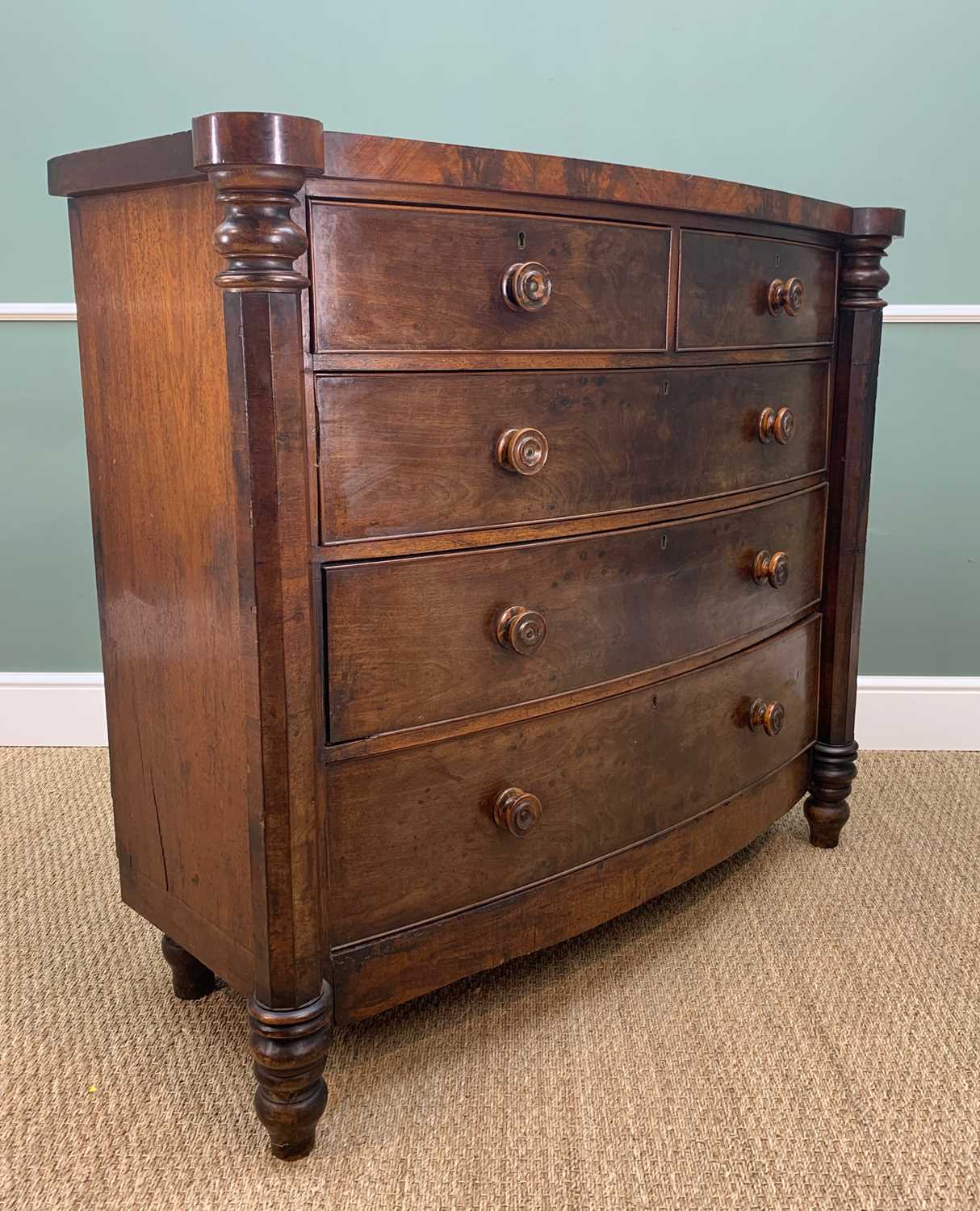 LATE VICTORIAN MAHOGANY BOW-FRONT CHEST, with out-set octagonal section column corners, fitted two - Image 3 of 6