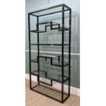 FRENCH PIERRE VANDEL LACQUERED METAL SHELF UNIT, c. 1970s, black & gilt in the Oriental style,