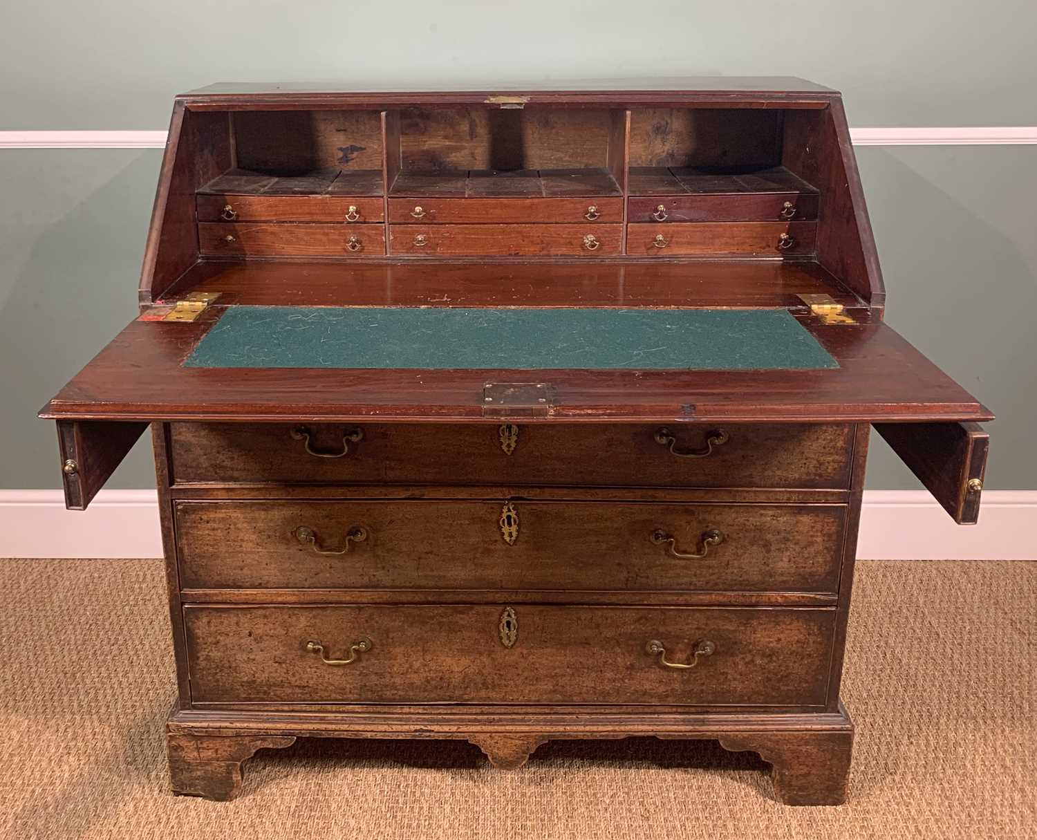 GEORGE III MAHOGANY BUREAU, angled fall enclosing fitted interior, above four graduated long - Image 4 of 5