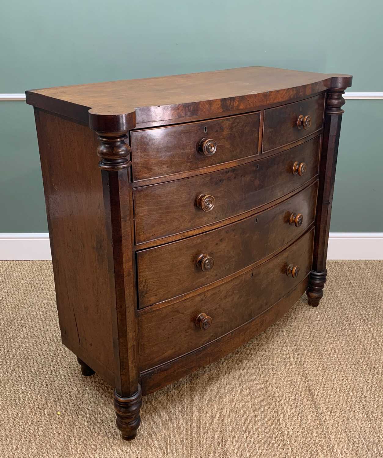 LATE VICTORIAN MAHOGANY BOW-FRONT CHEST, with out-set octagonal section column corners, fitted two - Image 5 of 6