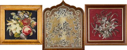 THREE VARIOUS VICTORIAN BEADED WOOLWORK PANELS, floral decorated, including one formerly a