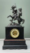 FRENCH SLATE & RED MARBLE MANTEL CLOCK, with spelter mounted knight finial, 8-day Japy Freres