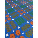 TRADITIONAL WELSH WOOLEN TAPESTRY BLANKET, woven in bright blue/orange/green/white, with fringe, 220