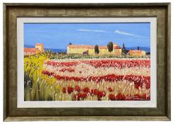 ‡ BRUNO TINUCCI (Italy born, b.1947) oil on canvas - view across field toward distant Tuscan