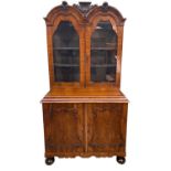 ANTIQUE DUTCH WALNUT CABINET, the upper portion with double domed cornice, glazed panel doors, on an