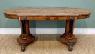 EARLY VICTORIAN ROSEWOOD LIBRARY TABLE, the top with demilune ends and outset sides, frieze applied