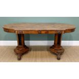 EARLY VICTORIAN ROSEWOOD LIBRARY TABLE, the top with demilune ends and outset sides, frieze applied