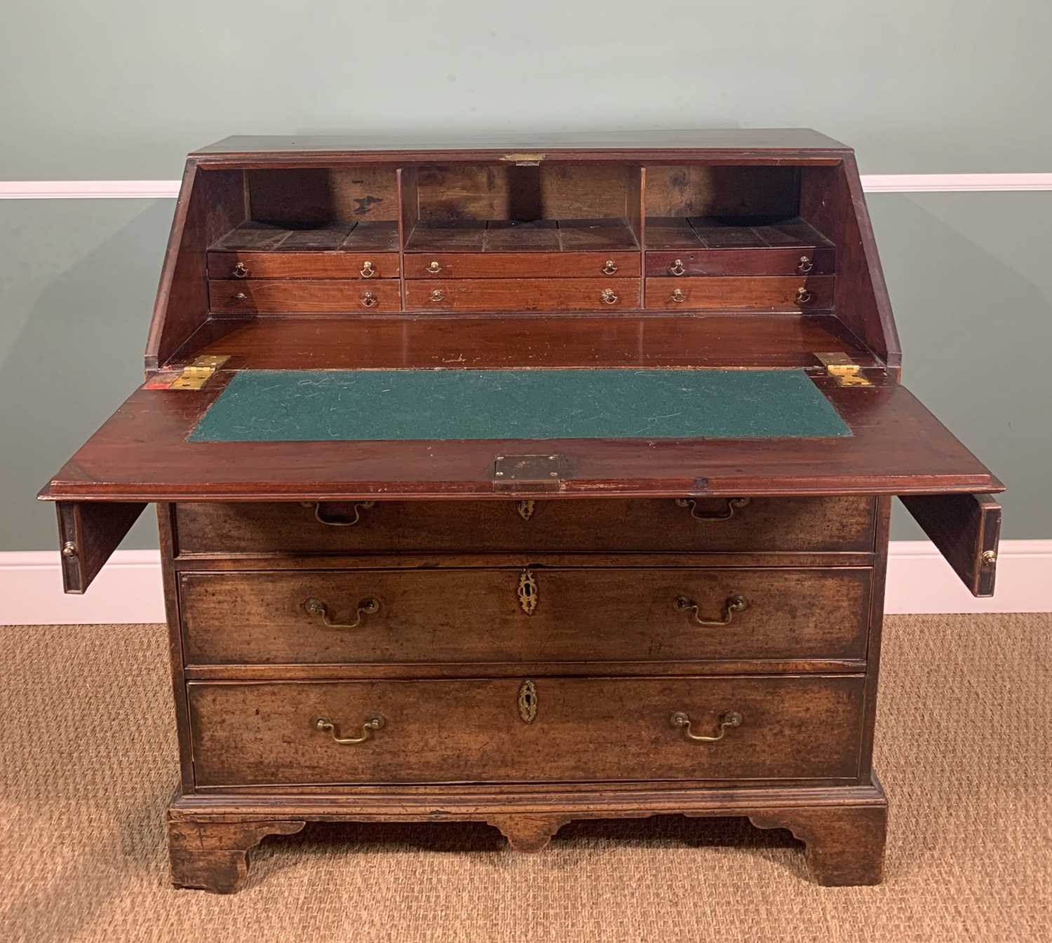 GEORGE III MAHOGANY BUREAU, angled fall enclosing fitted interior, above four graduated long - Image 2 of 5