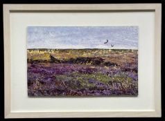 20TH CENTURY SCHOOL acrylic on board - entitled verso 'Purple Heather, Busvargus Common' signed with