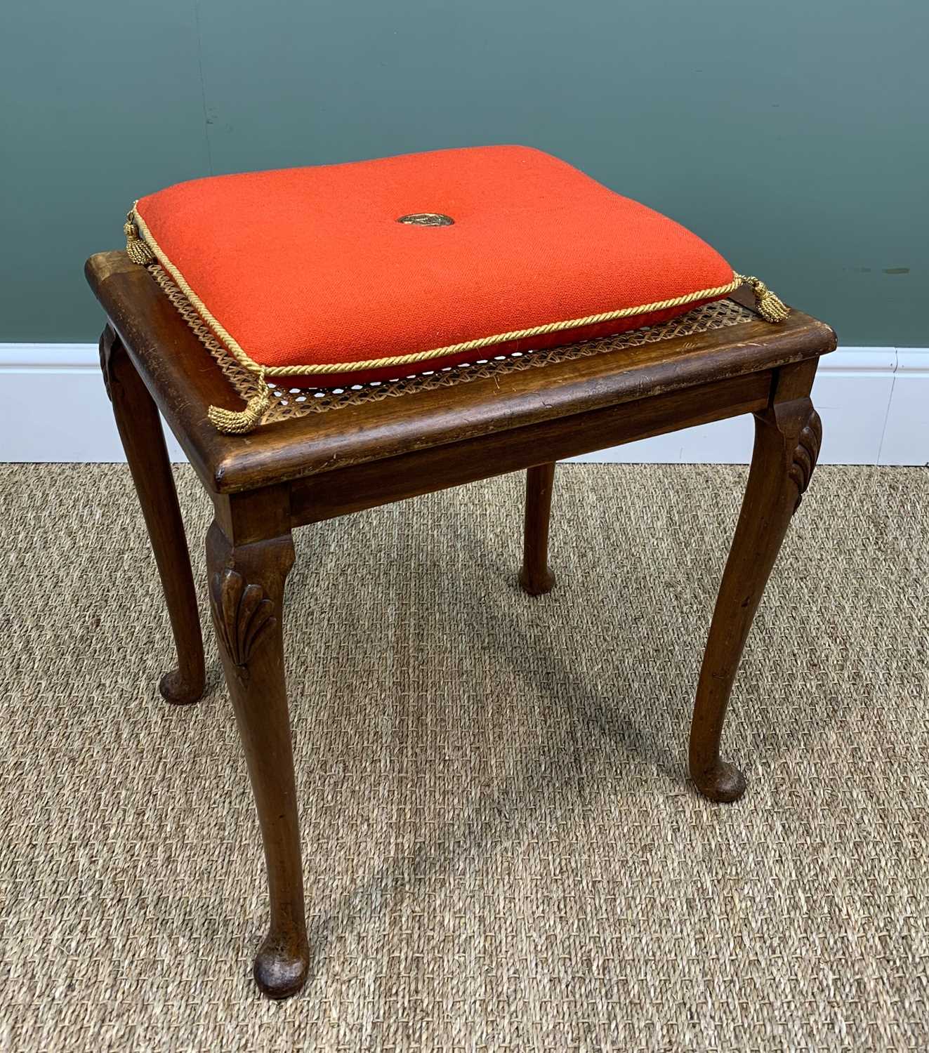 EDWARDIAN RATTAN CANED DRESSING STOOL, with 1969 investiture red cushion with gold braid and