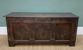 JOINED OAK COFFER, c.1700, moulded plank top above carved frieze and muntins with lozenge panelled