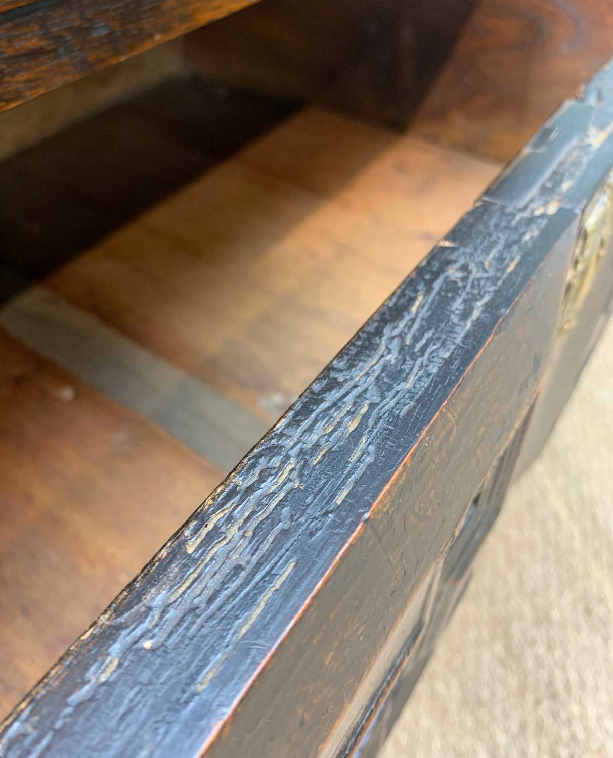 17TH CENTURY OAK GEOMETRIC FRONTED TWO PART CHEST ON STAND, fitted three graduated long drawers on a - Image 12 of 18