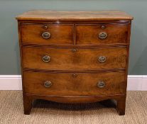 REGENCY BOW-FRONT MAHOGANY CHEST, fitted two short and two long drawers, high bracket feet, 85.5h