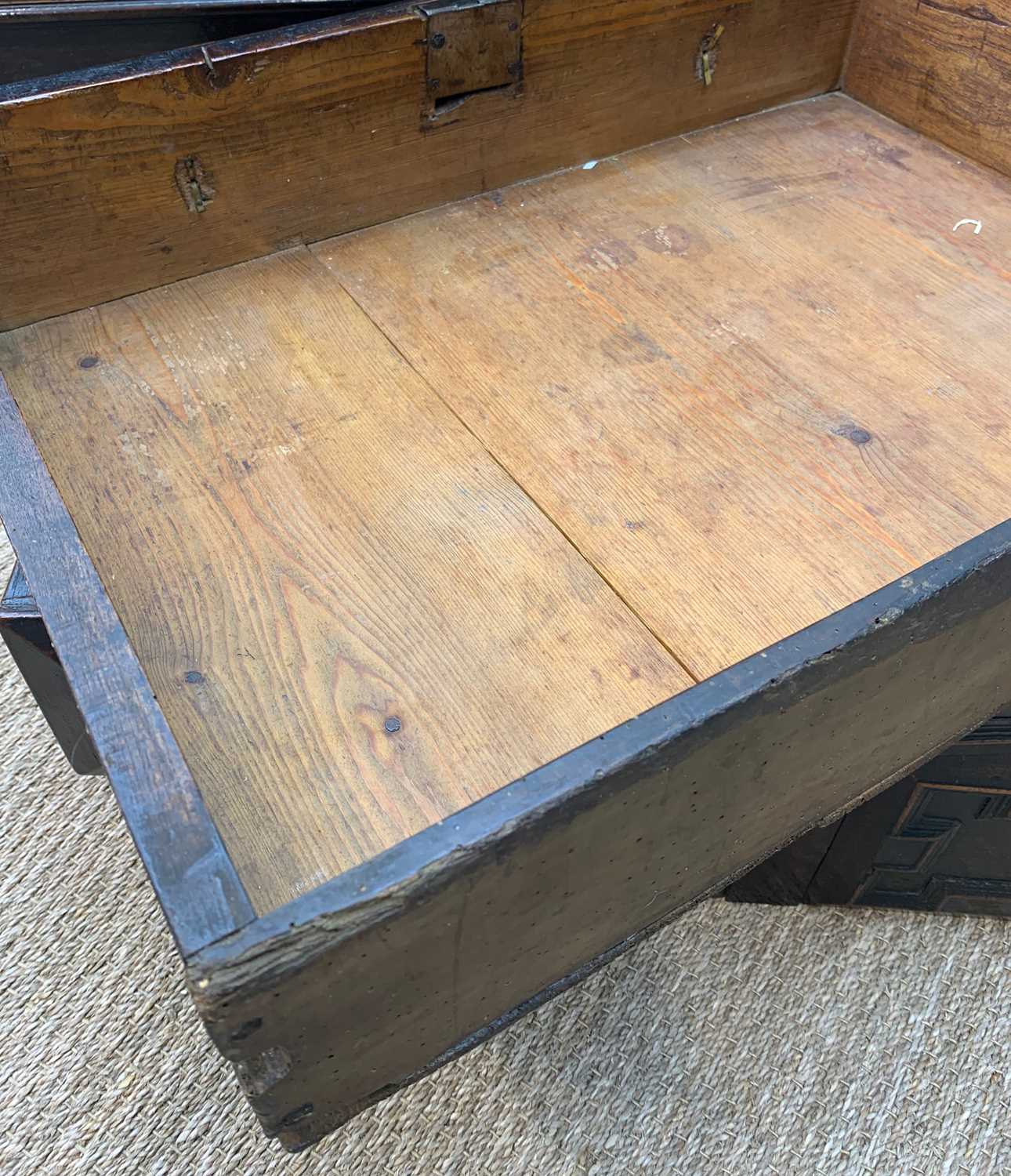 17TH CENTURY OAK GEOMETRIC FRONTED TWO PART CHEST ON STAND, fitted three graduated long drawers on a - Image 16 of 18