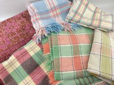 FIVE TRADITIONAL WELSH WOOLEN PLAID BLANKETS & A COUNTERPANE, blankets of various sizes and colours,