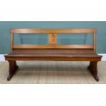 VINTAGE PITCH PINE REVERSIBLE TRAM BENCH, double plank seat on solid trestle end supports and a