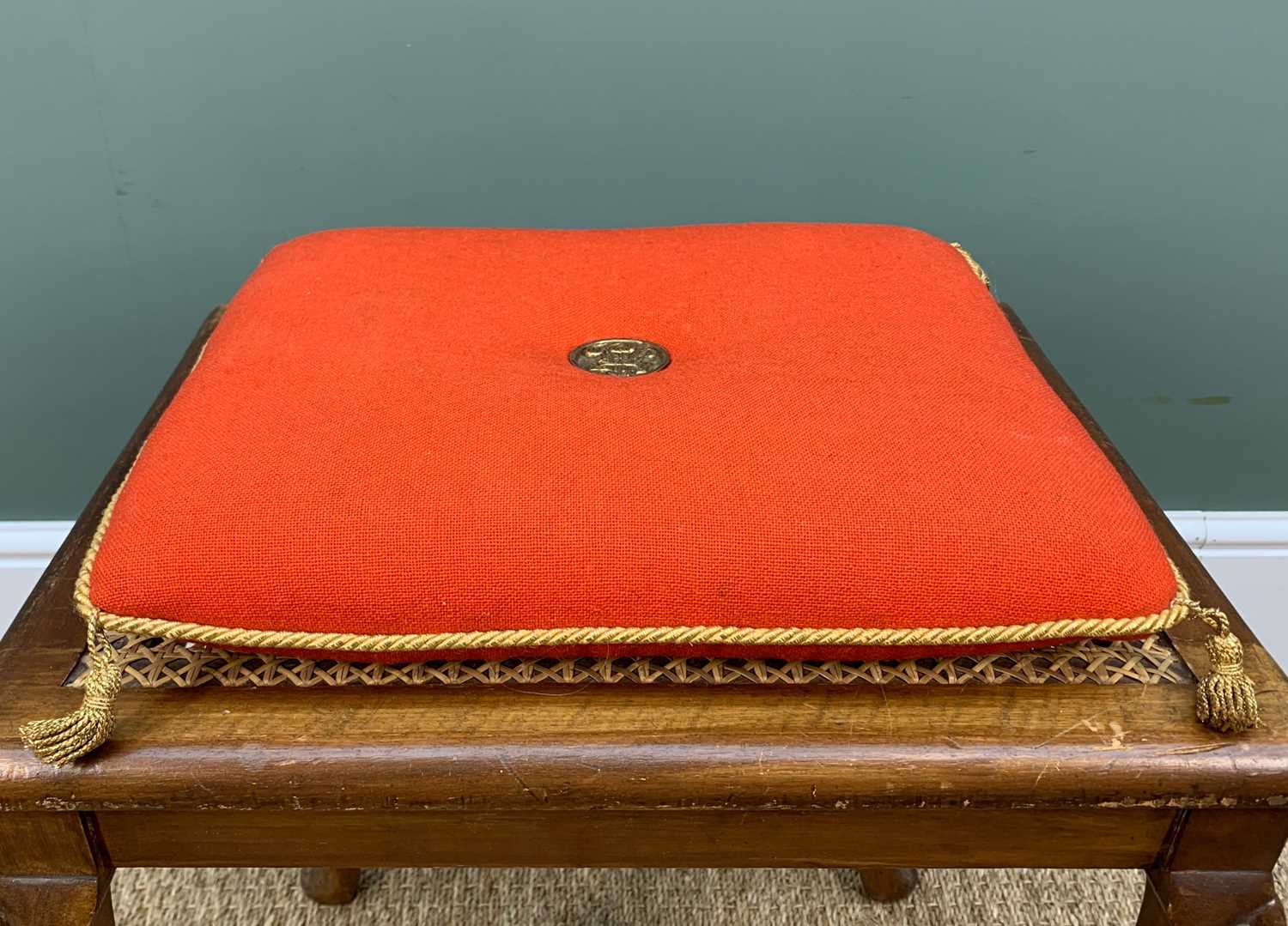 EDWARDIAN RATTAN CANED DRESSING STOOL, with 1969 investiture red cushion with gold braid and - Image 4 of 6