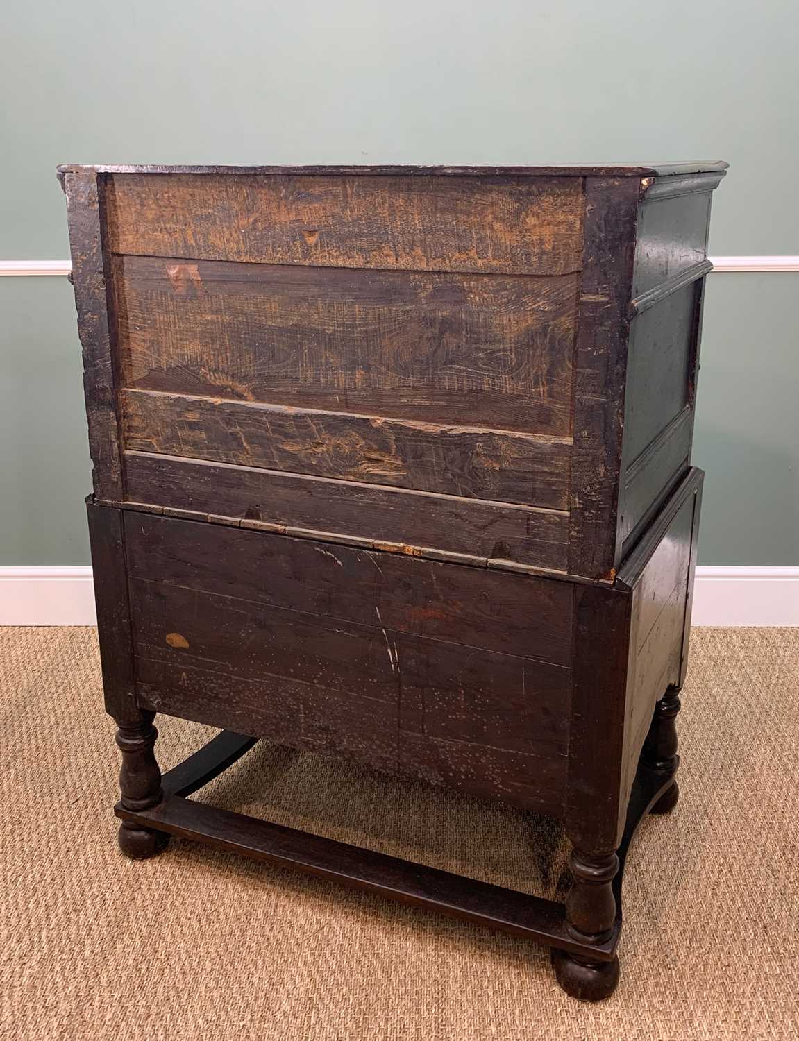 17TH CENTURY OAK GEOMETRIC FRONTED TWO PART CHEST ON STAND, fitted three graduated long drawers on a - Image 17 of 18