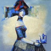 MODERN RUSSIAN SCHOOL oil on canvas - seated female with starched headdress holding coffee set,