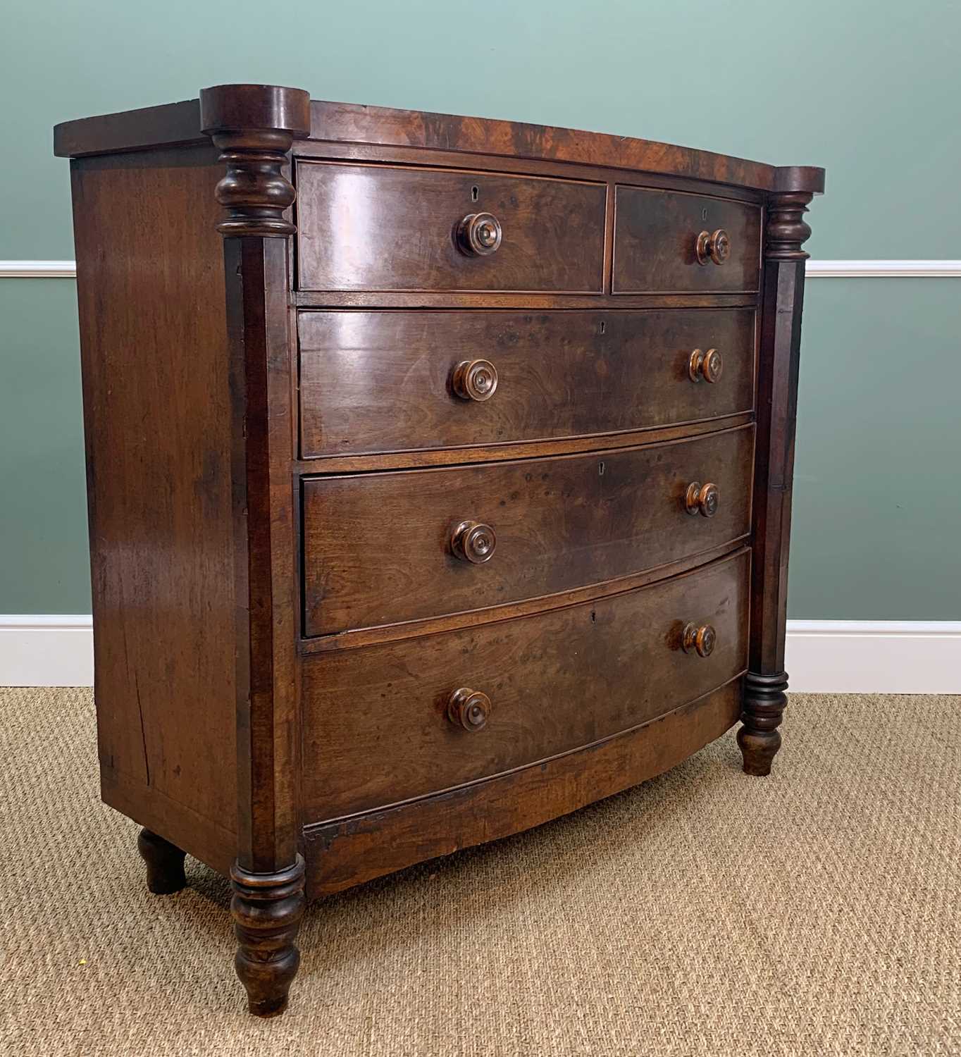 LATE VICTORIAN MAHOGANY BOW-FRONT CHEST, with out-set octagonal section column corners, fitted two - Image 4 of 6