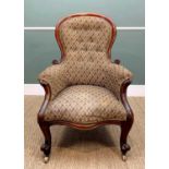 VICTORIAN WALNUT SPOON-BACK ARMCHAIR, with scrolled arms and feet, buttoned trellis pattern