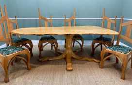 CONTEMPORARY PETER CHAMBERLAIN LACEWOOD & ELM PEDESTAL DINING TABLE & CHAIRS, of organic form,