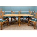 CONTEMPORARY PETER CHAMBERLAIN LACEWOOD & ELM PEDESTAL DINING TABLE & CHAIRS, of organic form,