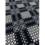 TRADITIONAL WELSH WOOLEN TAPESTRY BLANKET, woven black/white, with fringe, 212 x 218cm (incl.