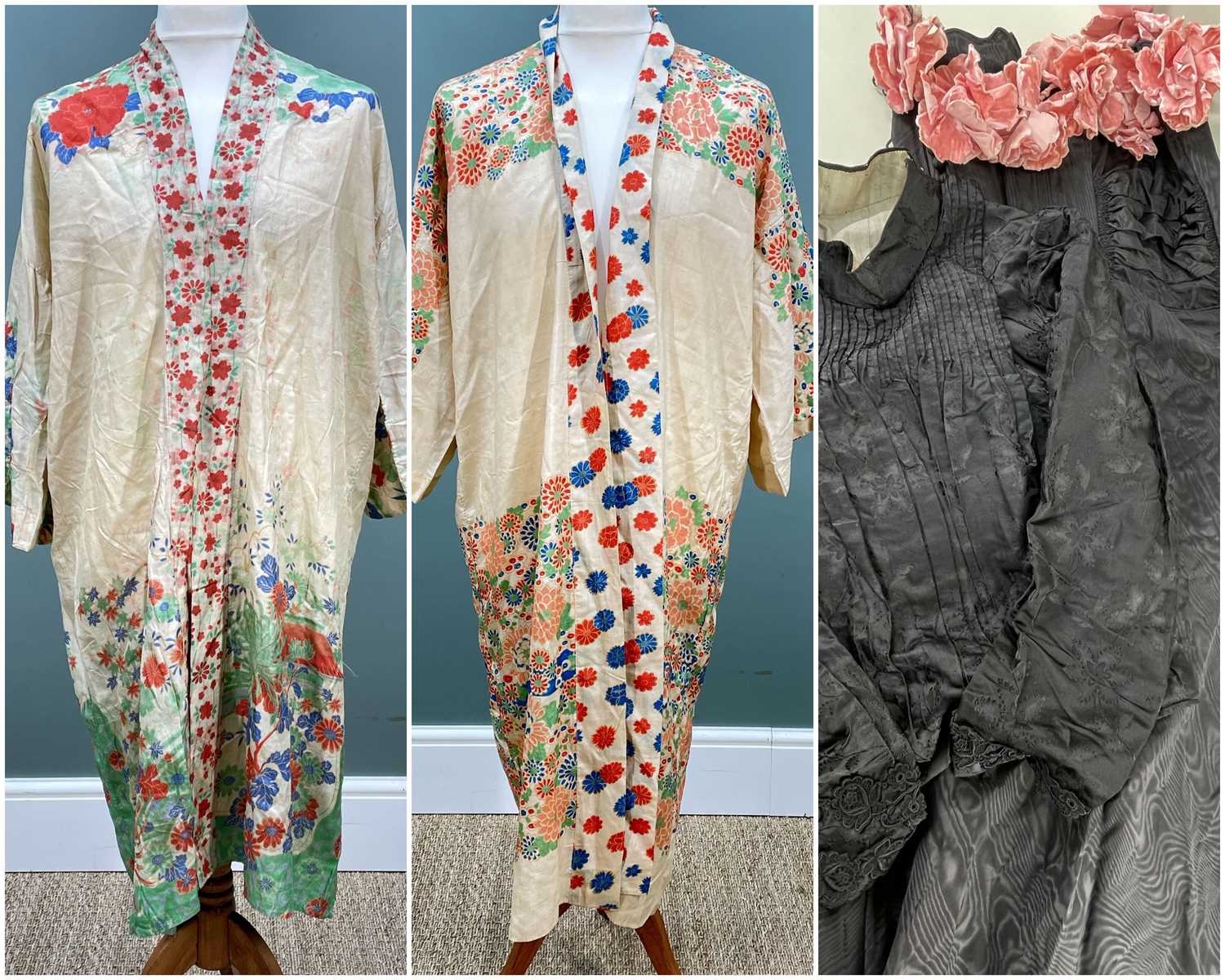 VICTORIAN BLACK BODICE, SATIN DRESS, & JAPANESE-STYLE CREPE 'KIMONO' GOWNS, the dress with watersilk