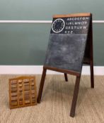 CHILDREN'S NURSERY BLACKBOARD, painted clock face and alphabet, in mahogany A-frame support,