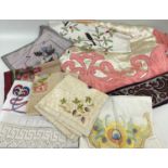 ASSORTED VINTAGE TEXTILES, including various 1930s wool embroidered tablecloths, table runners, hand