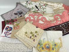 ASSORTED VINTAGE TEXTILES, including various 1930s wool embroidered tablecloths, table runners, hand
