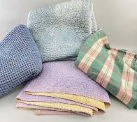 FOUR TRADITIONAL WELSH BED COVERINGS, comprising blue/pink waffle blanket, 165 x 92cms, Derw green/