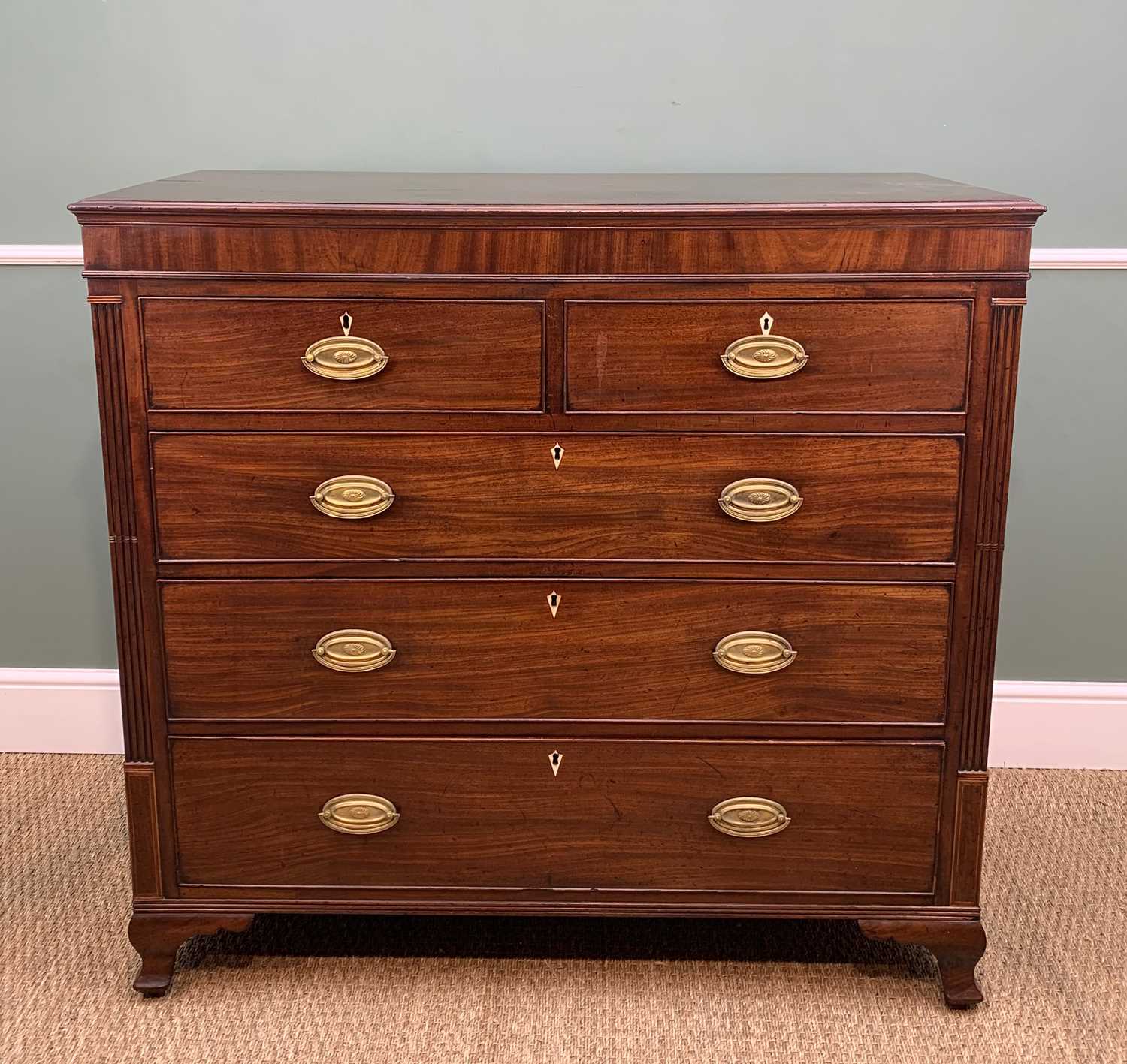 19TH CENTURY MAHOGANY FLAT FRONT CHEST, shallow frieze and fitted 2 short and 3 long drawers between