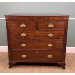 19TH CENTURY MAHOGANY FLAT FRONT CHEST, shallow frieze and fitted 2 short and 3 long drawers between