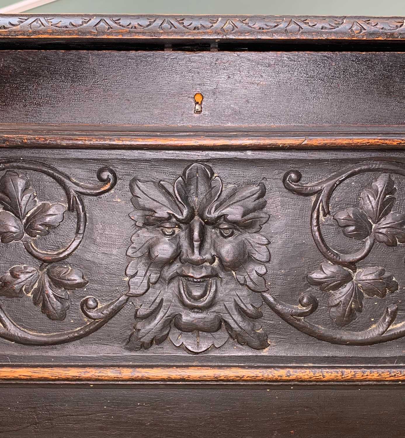 STAINED OAK BOX SETTLE, carved in the Renaissance revival style with Griffin and mask panelled back, - Image 10 of 13